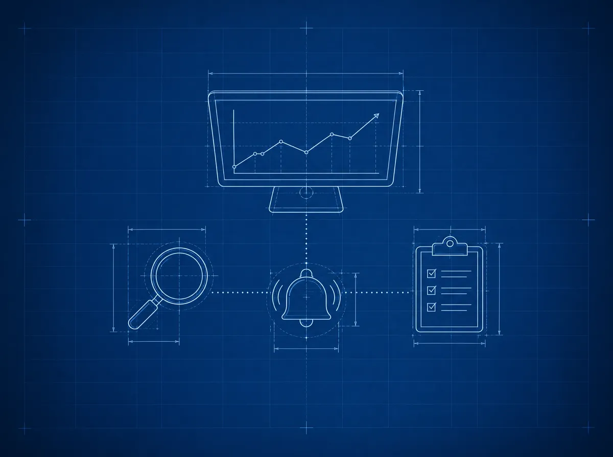 Blueprint drawing of a monitor, magnifying glass and alarm bell linked by lines