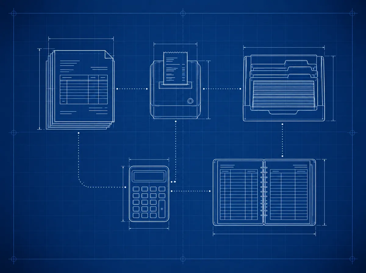 Blueprint drawing of invoices, a ledger and a filing tray linked by lines