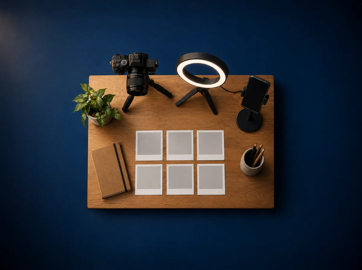 A content desk with a camera, ring light and printed photo proofs