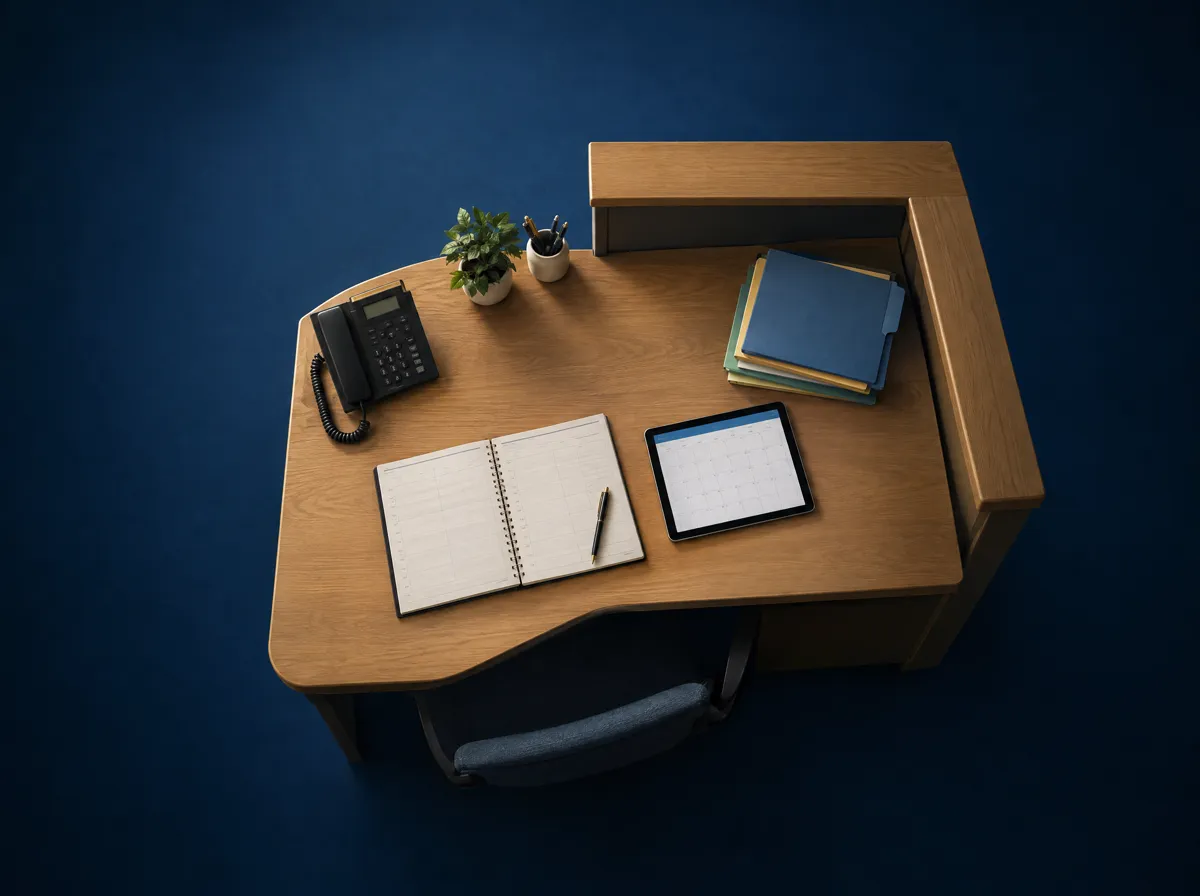 A front-office desk with a phone, appointment book and enrollment folders